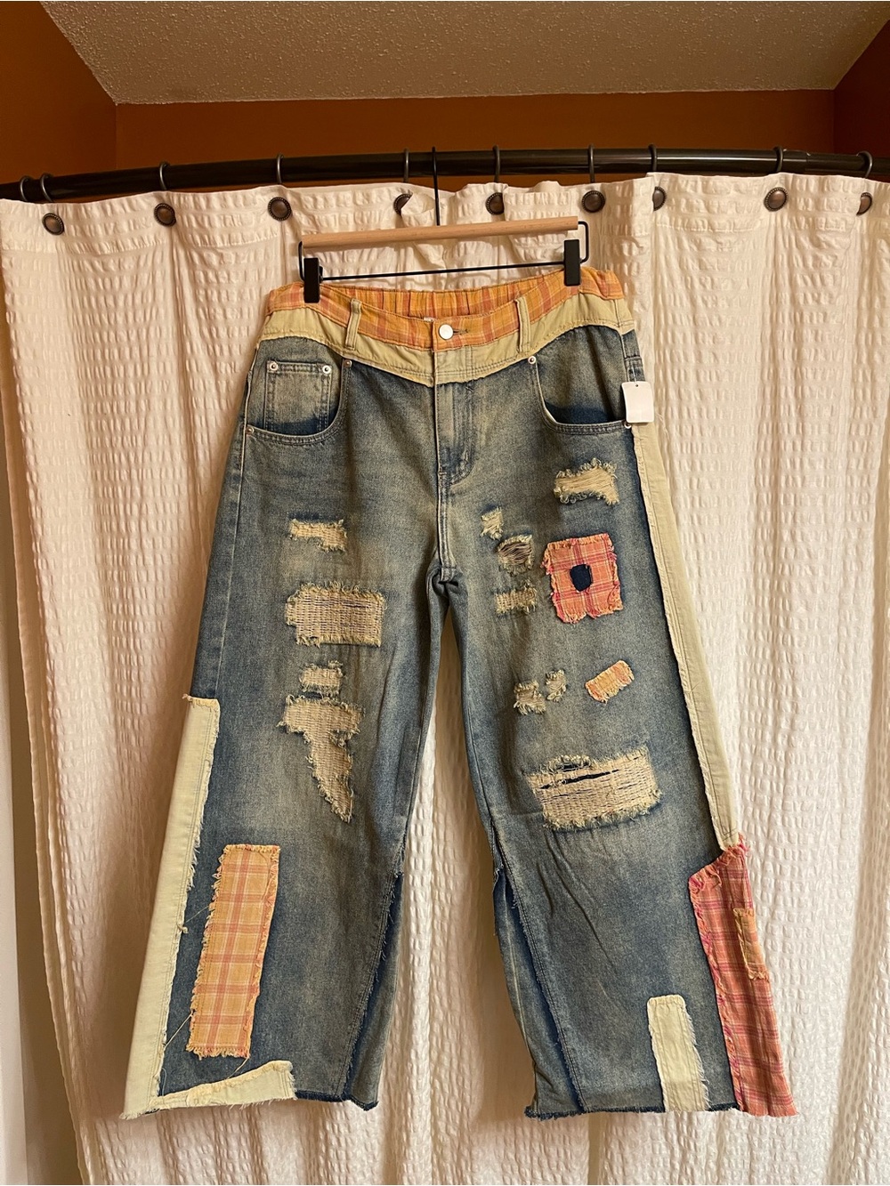 Oli & Hali Distressed Wide-Leg Denim Jeans with Orange Plaid Accents
